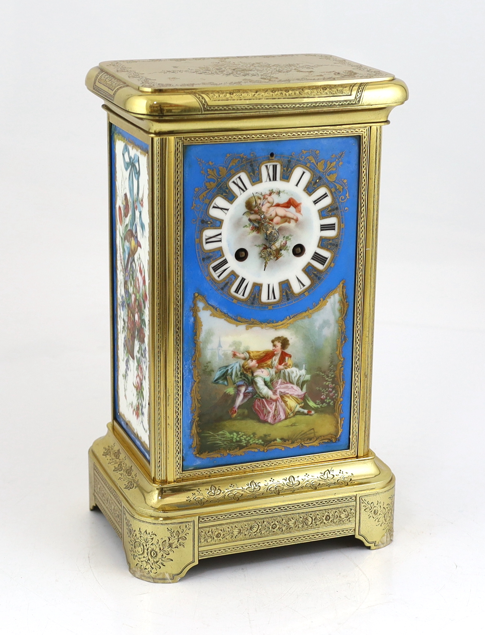 A mid 19th century French ormolu and Sevres style porcelain four panel mantel clock
